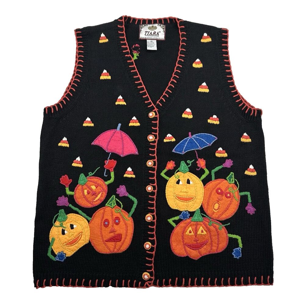 Vintage Tiara International Womens M Halloween Pumpkin Sweater Vest Button